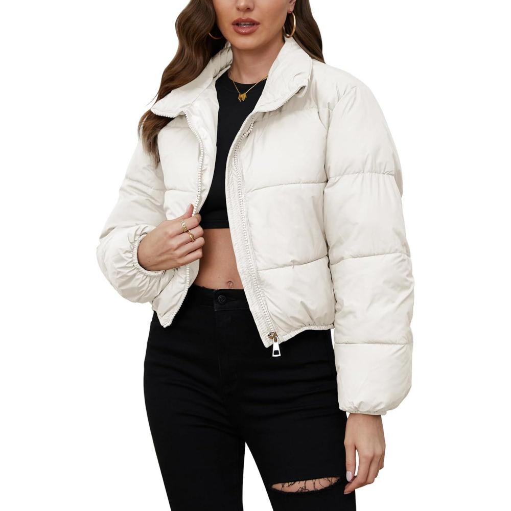 imageArssm Women Short Puffer Jackets Winter Cropped Puffy Coat Padded Full Zip Stand Collar Outerwear with PocketsWhite