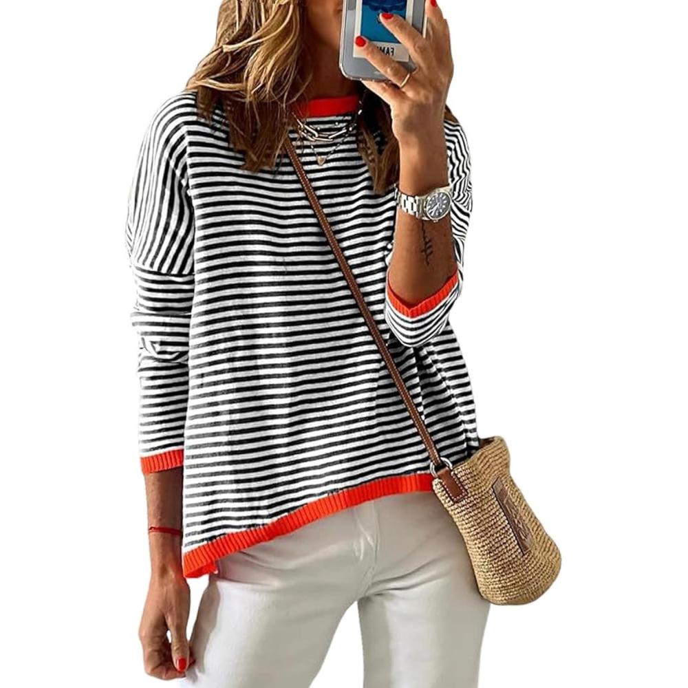 imageArssm Women Striped Sweater Fall Knit Color Block Crew Neck Black and White Cotton Lightweight Pullover Jumpers TopsBlackXL