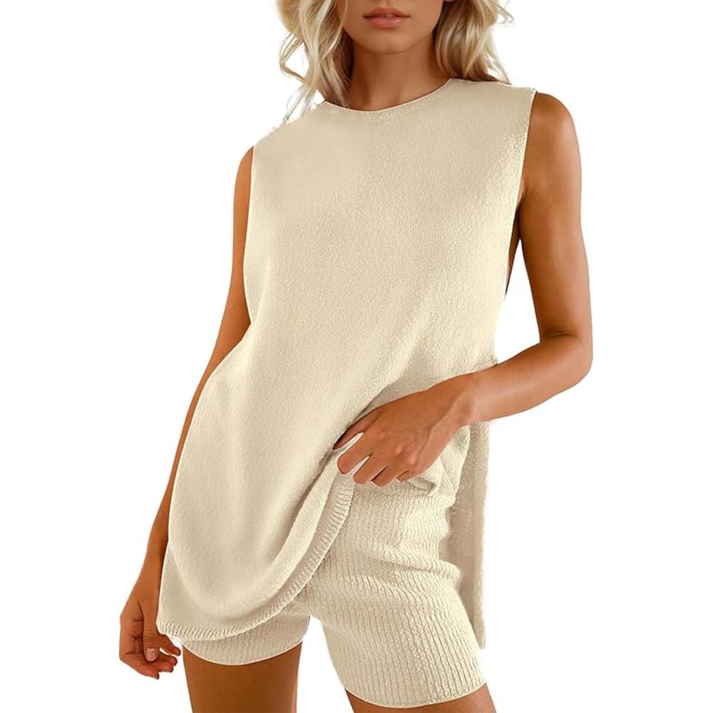 imageArssm Women Summer Sleeveless Sweater Sets Knit 2 Piece Outfits Tunic Tank Top Matching Shorts Vacation Beach SetsApricotM Medium