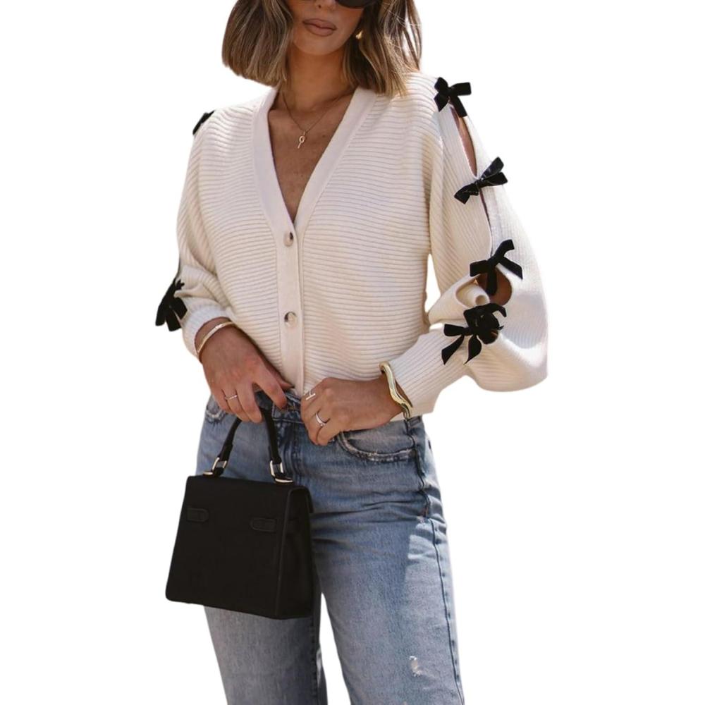 imageArssm Women V Neck Long Sleeved BowKnotted Knitted Cardigan Button Sweet Darling Bow Embellished CardiganWhite
