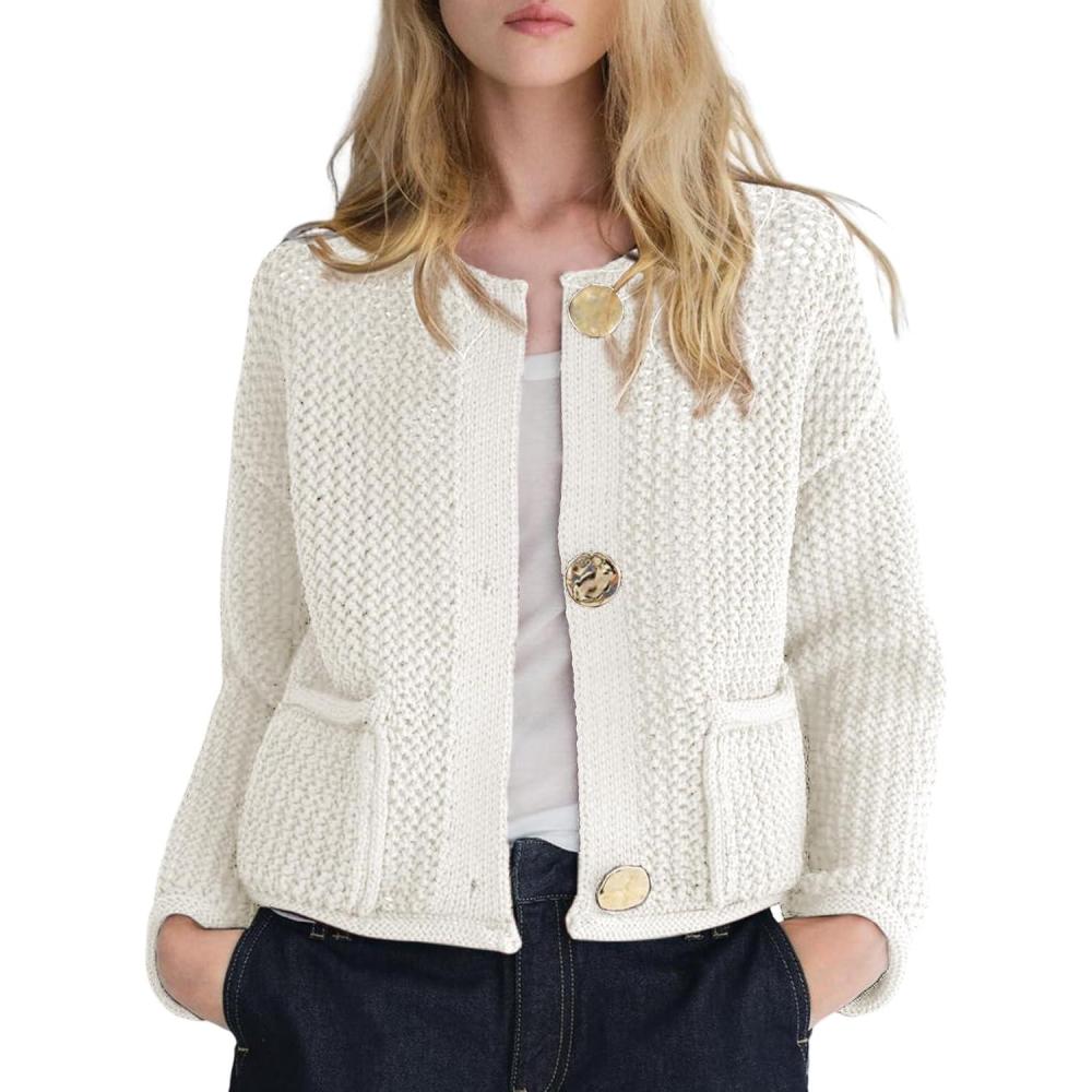 imageArssm Womens Cardigan Sweaters 2024 V Neck Long Sleeve Sweater Button Down Knit Sweater Top with PocketsBeige