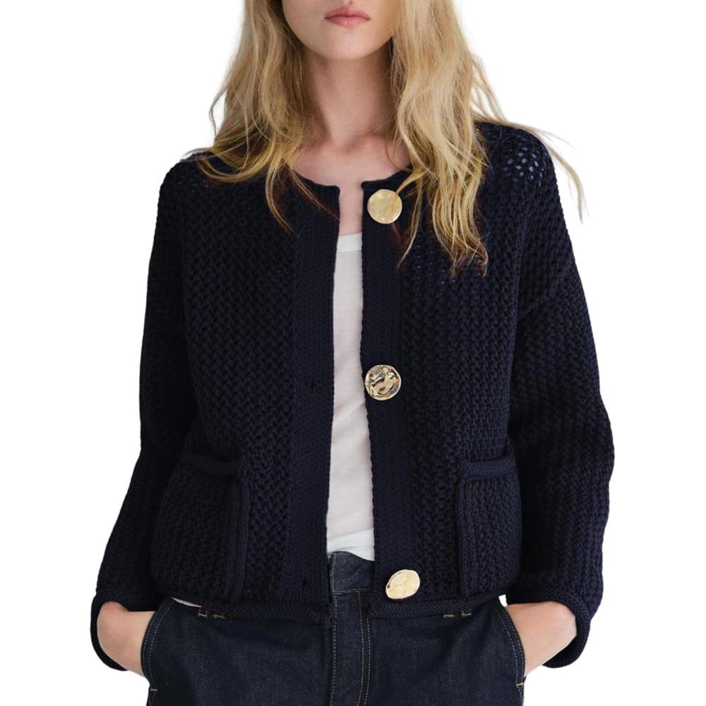 imageArssm Womens Cardigan Sweaters 2024 V Neck Long Sleeve Sweater Button Down Knit Sweater Top with PocketsNavy