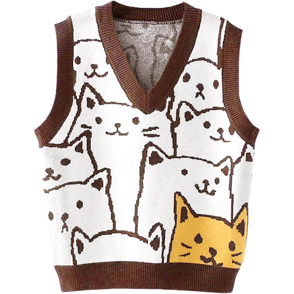 imageArssm Womens Cat Print Pullover Sweater Vest V Neck Sleeveless Knit Vests 2025 Pullover Knitted Tank TopBrown