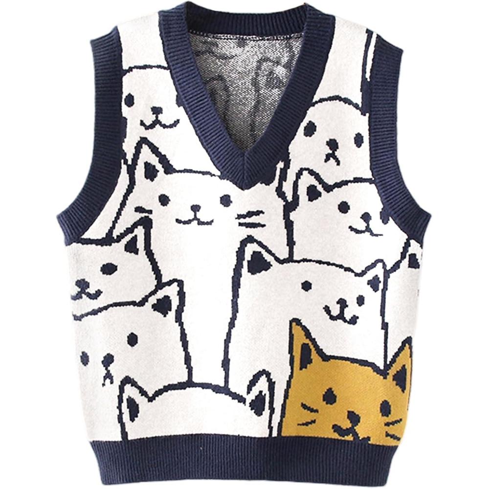 imageArssm Womens Cat Print Pullover Sweater Vest V Neck Sleeveless Knit Vests 2025 Pullover Knitted Tank TopNavy