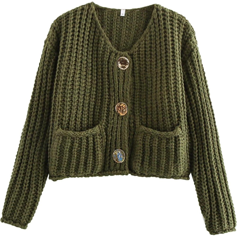 imageArssm Womens Cropped Cardigan Sweaters Chunky Open Front Button Down Knit Sweater Long Sleeve Loose Cardigan OuterwearArmygreen