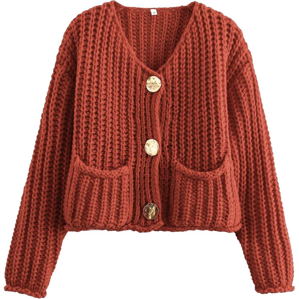 imageArssm Womens Cropped Cardigan Sweaters Chunky Open Front Button Down Knit Sweater Long Sleeve Loose Cardigan OuterwearBrickred