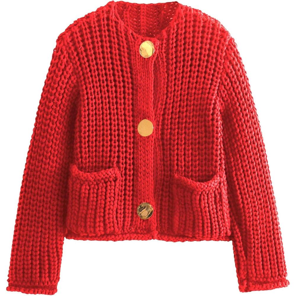 imageArssm Womens Cropped Cardigan Sweaters Chunky Open Front Button Down Knit Sweater Long Sleeve Loose Cardigan OuterwearRed
