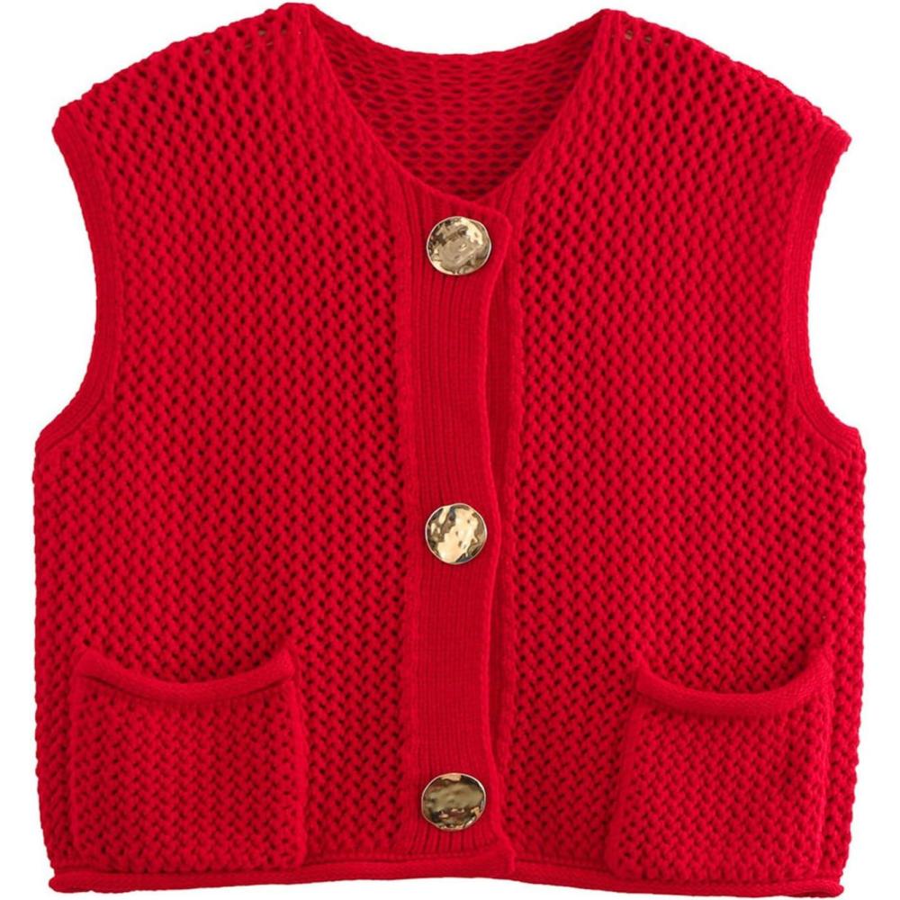 imageArssm Womens Cropped Sweater Vest Crochet Chunky Knit Vest Casual Sleeveless Button Down Knitted Sweater Vest
