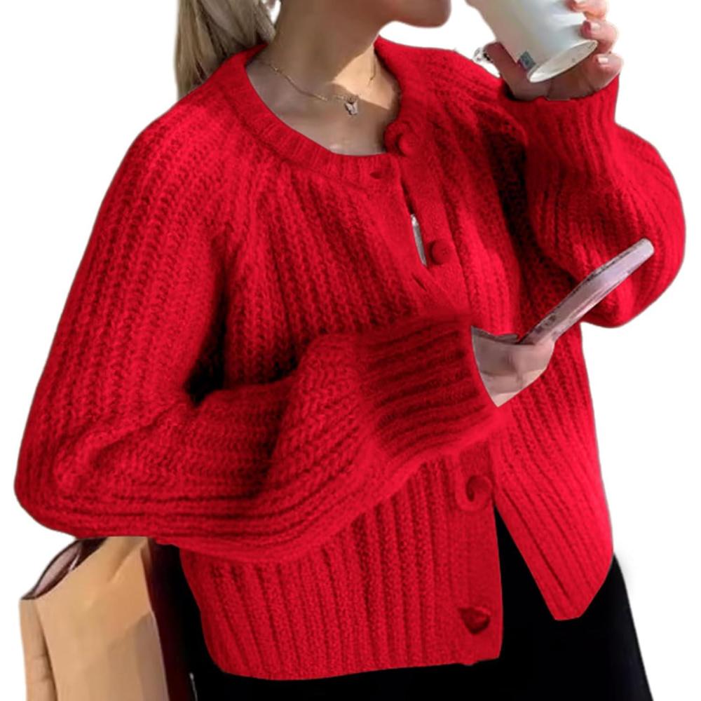 imageArssm Womens Cute Cardigan Sweater Long Sleeve Crewneck Button Down Cardigans Knit Top Fashion 2024 KnitwearRed