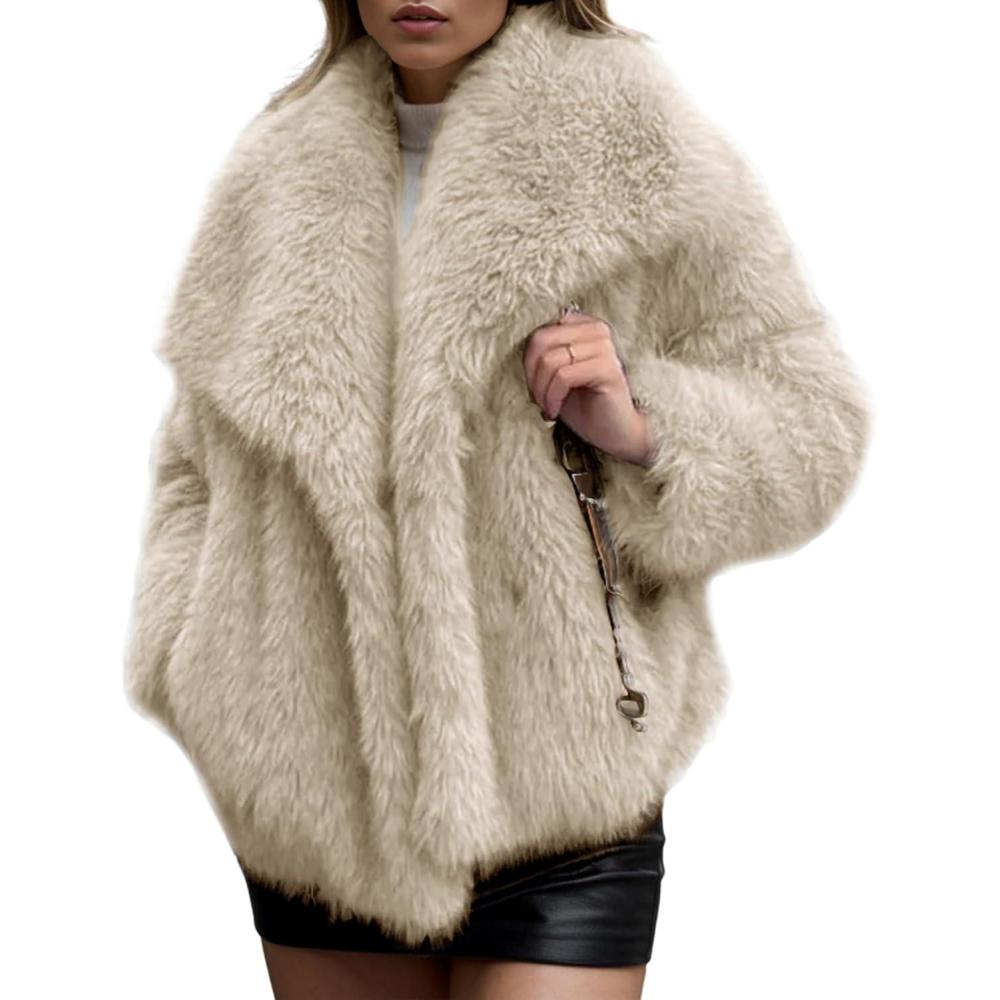 imageArssm Womens Faux Fur Coat Fluffy Shaggy Jacket Long Sleeve Lapel Coats Winter Warm OutwearApricot