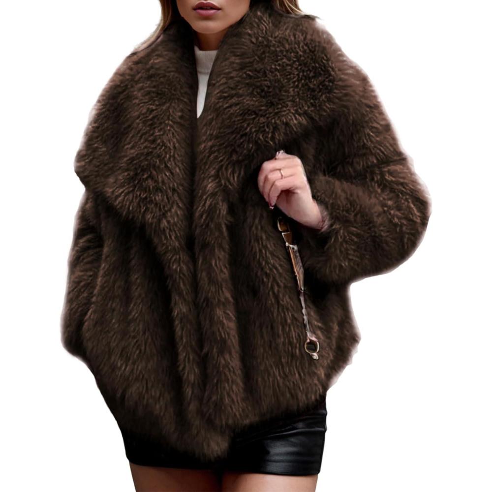 imageArssm Womens Faux Fur Coat Fluffy Shaggy Jacket Long Sleeve Lapel Coats Winter Warm OutwearCoffee