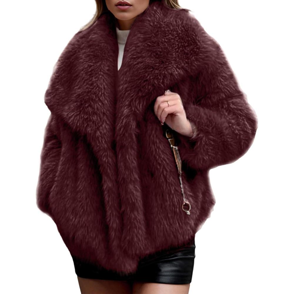 imageArssm Womens Faux Fur Coat Fluffy Shaggy Jacket Long Sleeve Lapel Coats Winter Warm OutwearWinered