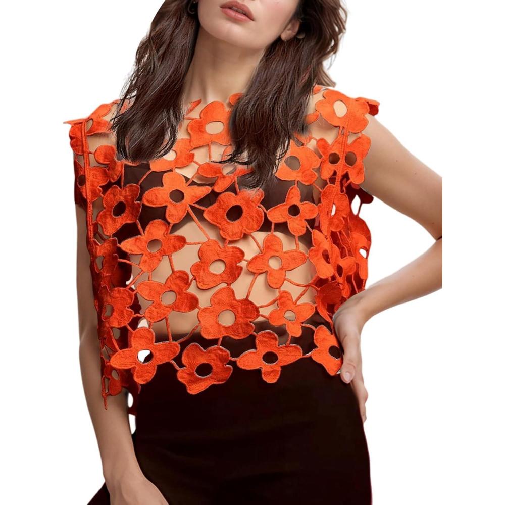 imageArssm Womens Floral Lace Vest Summer Hollow Out Crochet Tank Top Sleeveless Pullover Going Out Tops Crewneck Cover UpsOrange