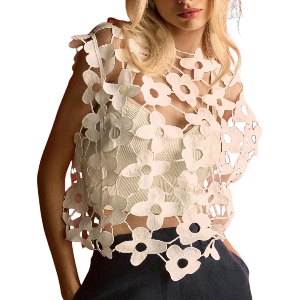 imageArssm Womens Floral Lace Vest Summer Hollow Out Crochet Tank Top Sleeveless Pullover Going Out Tops Crewneck Cover UpsWhite