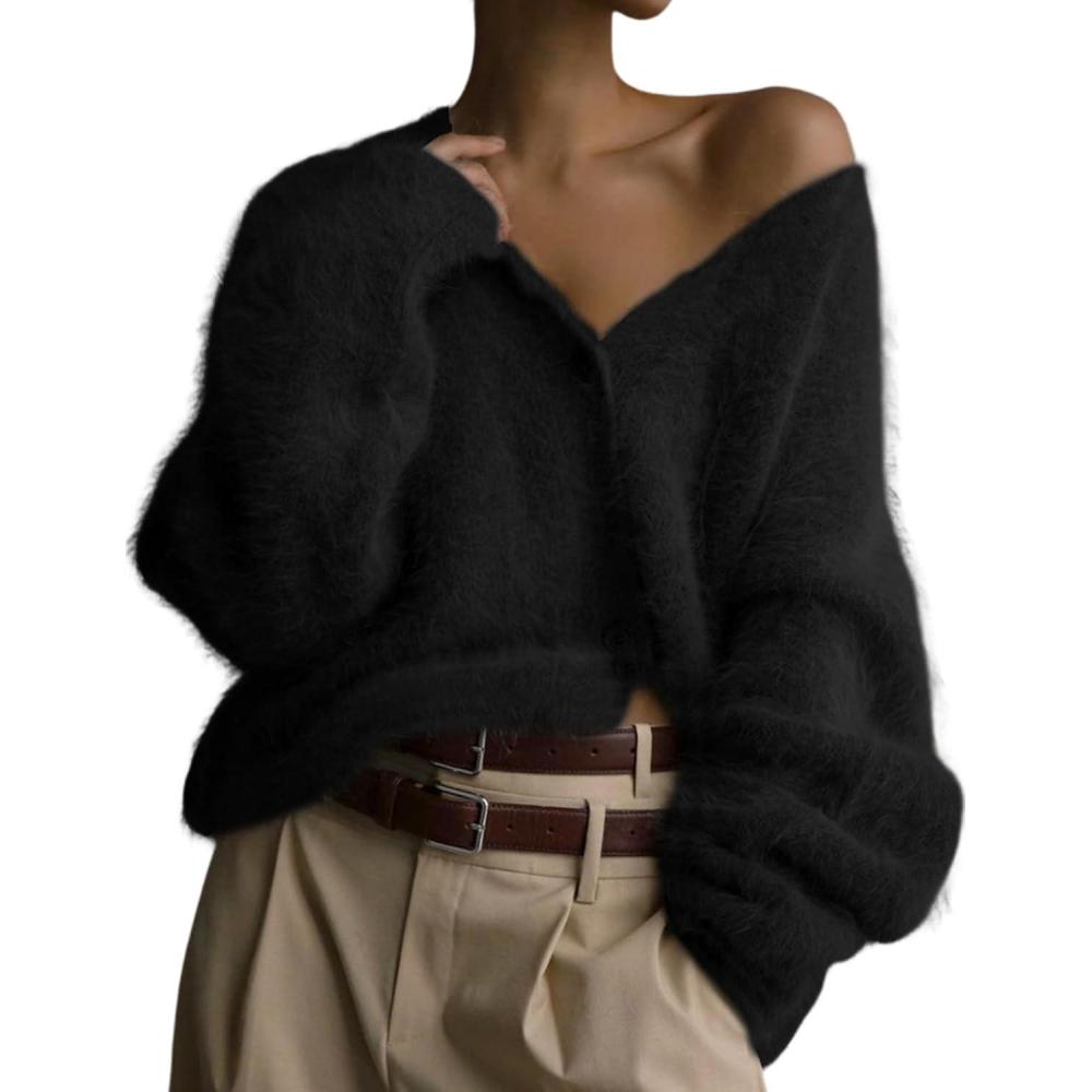 imageArssm Womens Fuzzy Cardigan Sweater Long Sleeve Cardigans Button Down V Neck Fluffy Knit Top Fashion 2025 KnitwearBlack