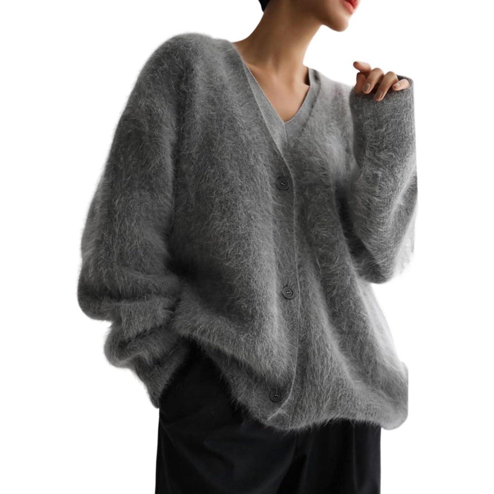 imageArssm Womens Fuzzy Cardigan Sweater Long Sleeve Cardigans Button Down V Neck Fluffy Knit Top Fashion 2025 KnitwearGrey