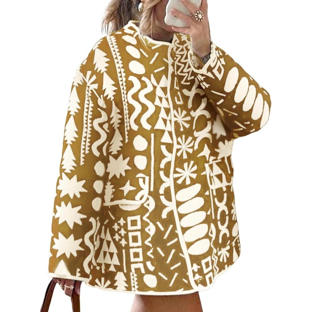 imageArssm Womens Geometric Quilted Puffer Jacket Winter Lightweight Cute Jacket Padded Coat Crewneck Printed OuterwearKhaki