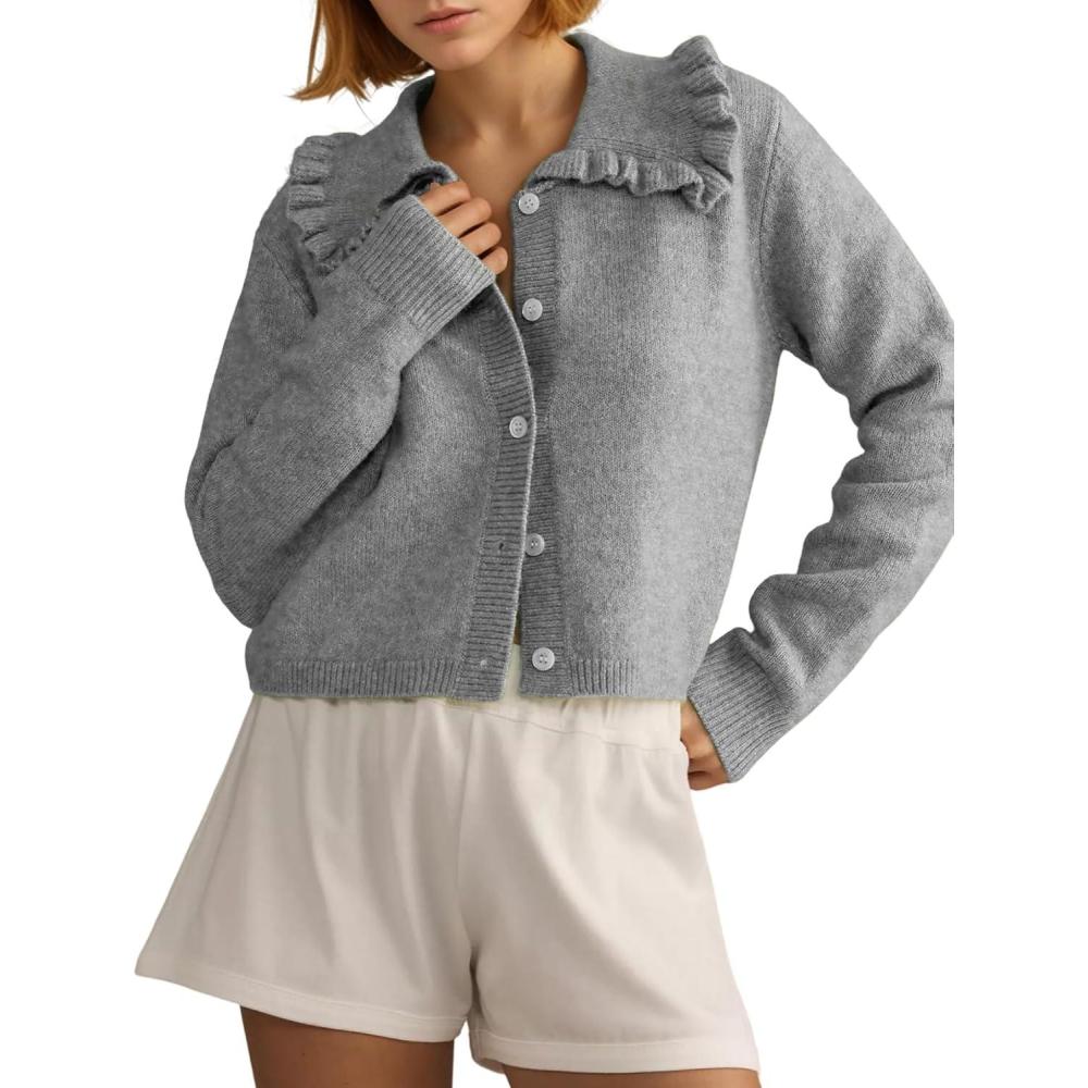 imageArssm Womens Ruffle Collar Cardigan Cropped Button Down Open Front Sweaters Knitted Long Sleeve Fall 2025 Elegant OutwearGrey