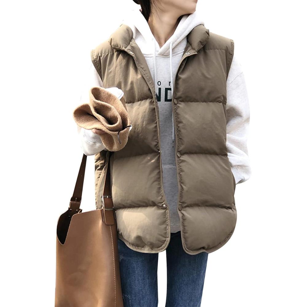imageArssm Womens Winter Oversized Puffer Vest Lightweight Sleeveless Puffy Jacket Winter Warm Casual Work VestsKhakiXL