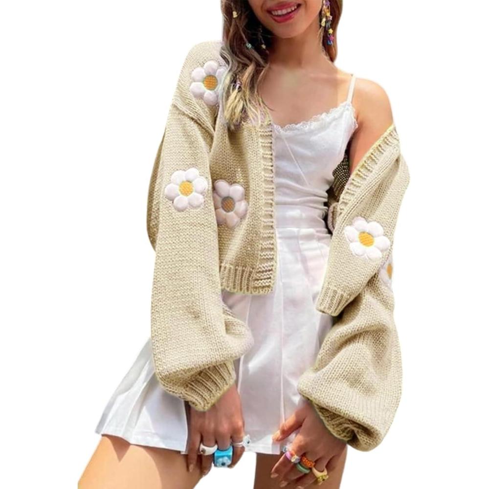imageArssm Y2K Womens Flower Cardigan Sweater Long Sleeve Knit Cropped Cardigan Open Front Cute Shrug Fall Sweater 90s OutfitsApricot