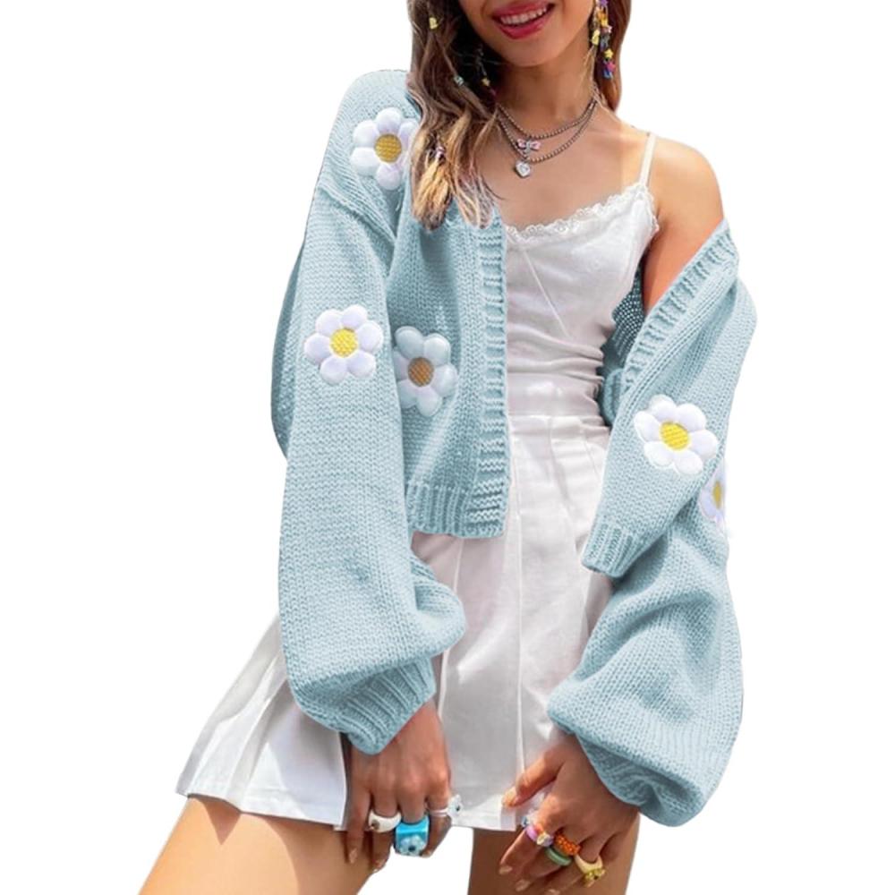 imageArssm Y2K Womens Flower Cardigan Sweater Long Sleeve Knit Cropped Cardigan Open Front Cute Shrug Fall Sweater 90s OutfitsBlue