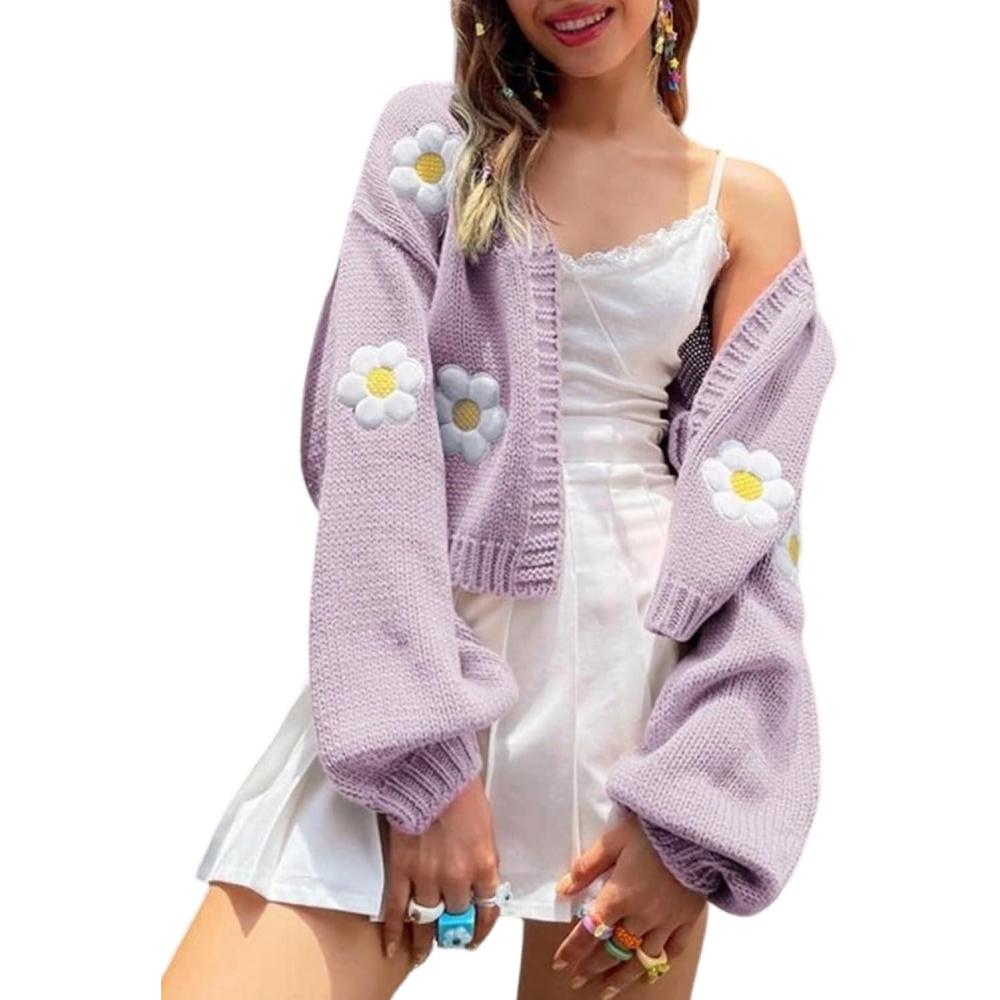 imageArssm Y2K Womens Flower Cardigan Sweater Long Sleeve Knit Cropped Cardigan Open Front Cute Shrug Fall Sweater 90s OutfitsPurple