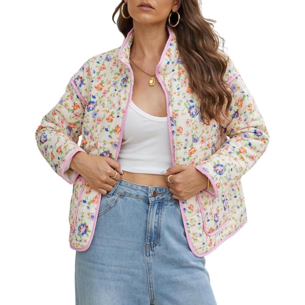 imageWomens Cropped Puffer Quilted Jacket Lightweight Long Sleeve Padded Floral Print Puffy Cardigan Outwear CoatPurple