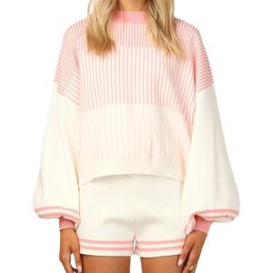 Arssm 2 Piece Sets for Women Casual Knitted Striped Crewneck Pullover Long Sleeve Sweater Shorts Lounge Outfits(White)