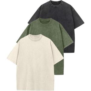 Arssm 3 Pack Men Oversized T Shirts Vintage Tee Loose Fit Short Sleeve Casual Streetwear Baggy Washed Unisex Tops(Black+army+beige)