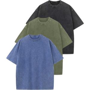 Arssm 3 Pack Men Oversized T Shirts Vintage Tee Loose Fit Short Sleeve Casual Streetwear Baggy Washed Unisex Tops(Black+blue+army)