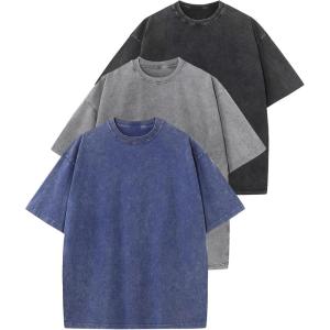 Arssm 3 Pack Men Oversized T Shirts Vintage Tee Loose Fit Short Sleeve Casual Streetwear Baggy Washed Unisex Tops(Black+grey+blue)