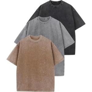 Arssm 3 Pack Men Oversized T Shirts Vintage Tee Loose Fit Short Sleeve Casual Streetwear Baggy Washed Unisex Tops(Black+grey+khaki)