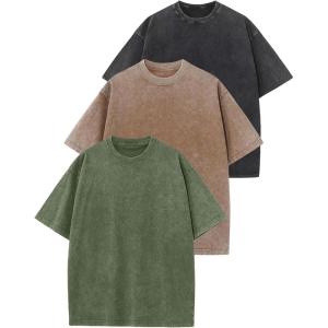 Arssm 3 Pack Men Oversized T Shirts Vintage Tee Loose Fit Short Sleeve Casual Streetwear Baggy Washed Unisex Tops(Black+khaki+army)