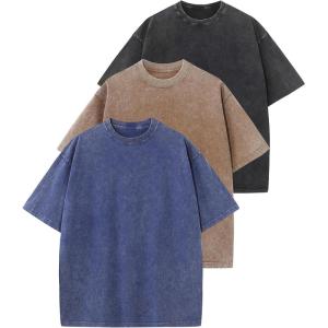 Arssm 3 Pack Men Oversized T Shirts Vintage Tee Loose Fit Short Sleeve Casual Streetwear Baggy Washed Unisex Tops(Black+khaki+blue)