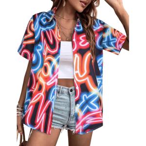 Arssm 80s 90s Shirts for Women Retro Vintage Party Disco Outfits Neon Hawaiian Button Down Blouses Tees Tops(Neon)