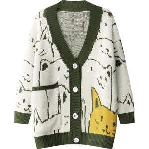 Arssm Cat Sweater for Women Oversized Button Down V Neck Knit Cardigan Cute Kawaii Cartoon Print Sweater Fall Clothes(Armygreen)