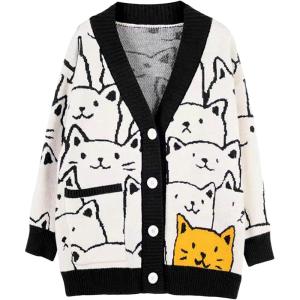Arssm Cat Sweater for Women Oversized Button Down V Neck Knit Cardigan Cute Kawaii Cartoon Print Sweater Fall Clothes(Black)
