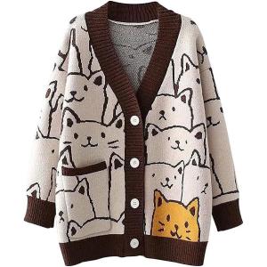 Arssm Cat Sweater for Women Oversized Button Down V Neck Knit Cardigan Cute Kawaii Cartoon Print Sweater Fall Clothes(Brown)