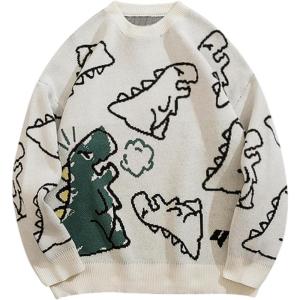 Arssm Dinosaur Sweater Women y2k Vintage Oversized Graphic Streetwear Knit Sweater Casual Cute Kawaii Tops(Beige)