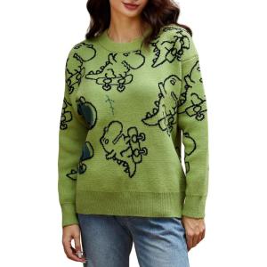 Arssm Dinosaur Sweater Women y2k Vintage Oversized Graphic Streetwear Knit Sweater Casual Cute Kawaii Tops(Green Dinosaur)