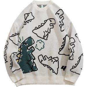 Arssm Dinosaur Sweater Women y2k Vintage Oversized Graphic Streetwear Knit Sweater Casual Cute Kawaii Tops(White)