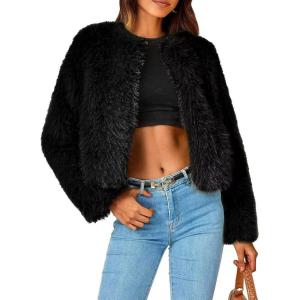 Arssm Faux Fur Jacket Women Long Sleeve Open Front Cropped Cardigan Warm Winter Shaggy Fluffy Short Fur Coat(Black-S)