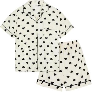 Arssm Floral Pajama Set Women Cute Kawaii 2 Piece Matching Pj Set Aesthetic Short Sleeve Sleeping Loungewear(Blackheart)