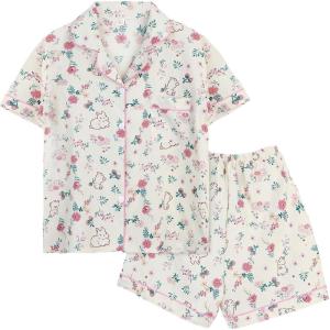 Arssm Floral Pajama Set Women Cute Kawaii 2 Piece Matching Pj Set Aesthetic Short Sleeve Sleeping Loungewear(Bunny)