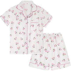 Arssm Floral Pajama Set Women Cute Kawaii 2 Piece Matching Pj Set Aesthetic Short Sleeve Sleeping Loungewear(Pinkcherry)