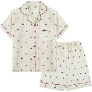 Arssm Floral Pajama Set Women Cute Kawaii 2 Piece Matching Pj Set Aesthetic Short Sleeve Sleeping Loungewear(Redcherry)