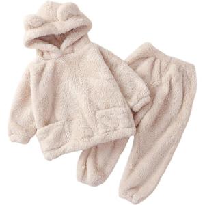 Arssm Girl Pants Sets Two Pieces Outfit Kids Bear Ear Fuzzy Fluffy Hoodie Sweatshirt with Fleece Sweatpants(Beige)