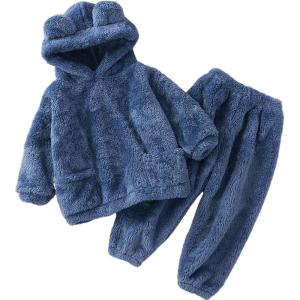 Arssm Girl Pants Sets Two Pieces Outfit Kids Bear Ear Fuzzy Fluffy Hoodie Sweatshirt with Fleece Sweatpants(Blue)