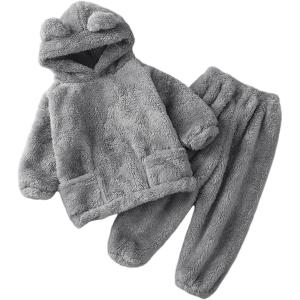 Arssm Girl Pants Sets Two Pieces Outfit Kids Bear Ear Fuzzy Fluffy Hoodie Sweatshirt with Fleece Sweatpants(Grey)