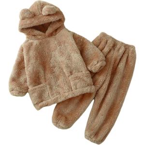 Arssm Girl Pants Sets Two Pieces Outfit Kids Bear Ear Fuzzy Fluffy Hoodie Sweatshirt with Fleece Sweatpants(Khaki)